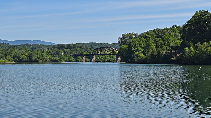 ponte ferroviária, Lago de Melton, Clinch river, Tennessee, montanhas Smoky, paisagem, água