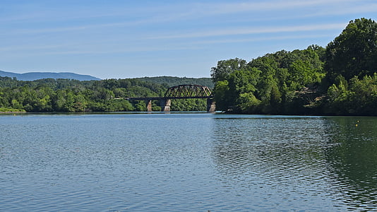 puente del ferrocarril, Lago de Melton, Río del remache, Tennessee, Montañas Humeantes, paisaje, agua