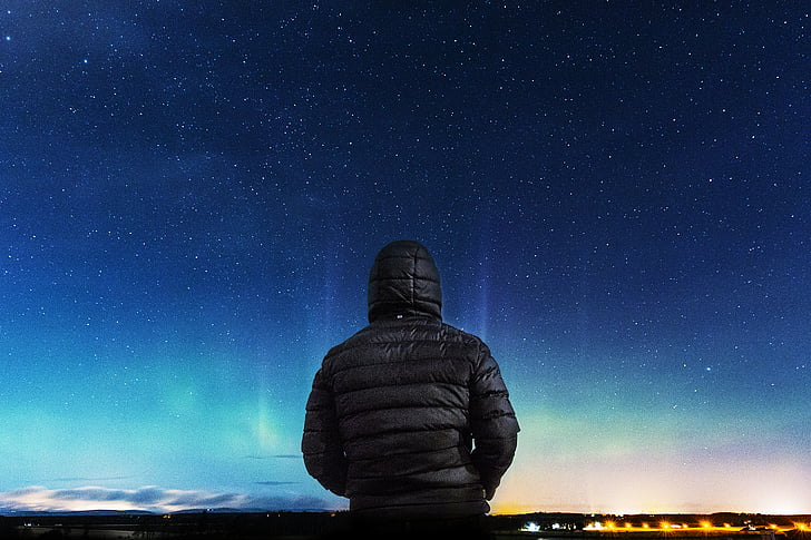 jacket, night, person, sky, solo, stars, star - Space