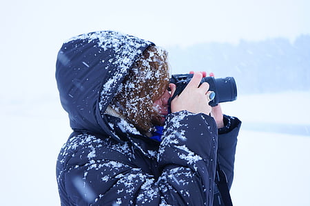 γυναίκα, χιονισμένο, παγωμένος, φωτογράφος, φωτογραφία, πρόσωπο, ανθρώπινη