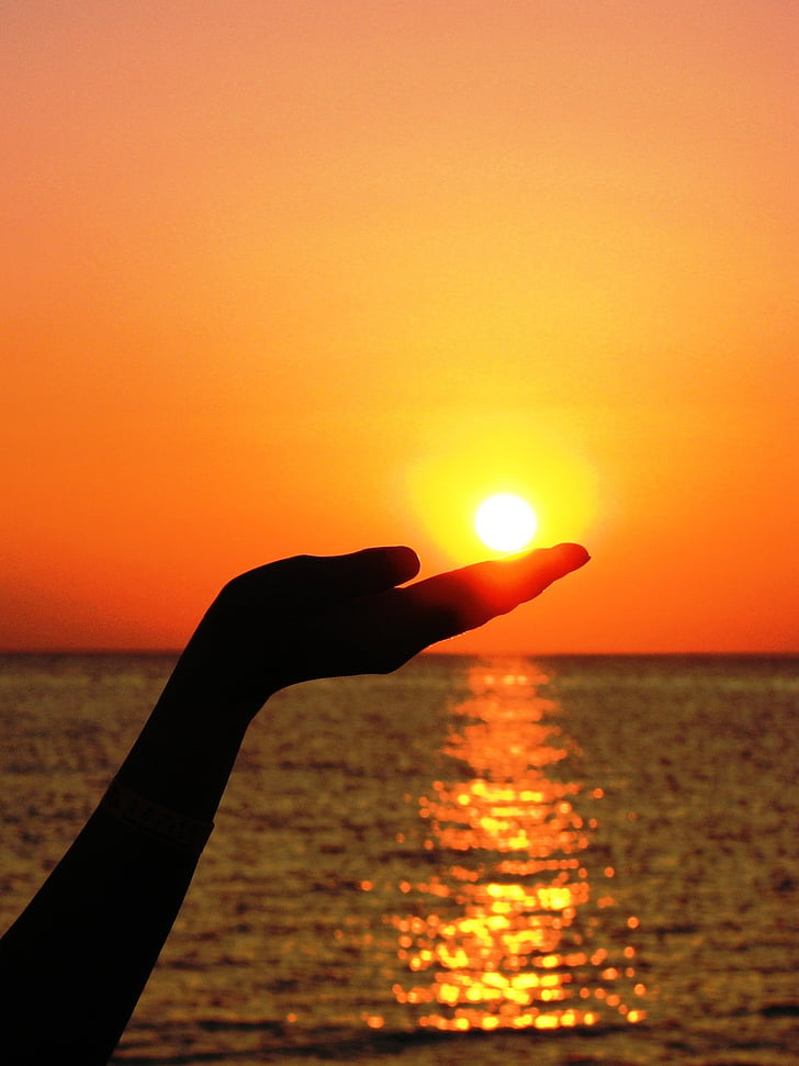 fingers, hand, red, sea, silhouette, sun, sunset