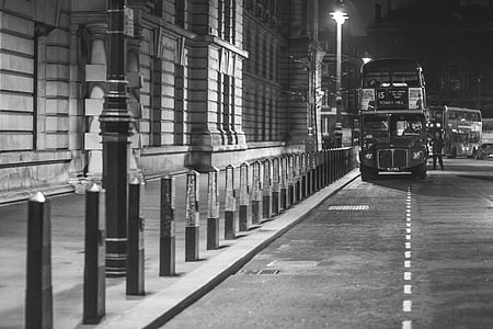 black-and-white, city, double-decker bus, road, sidewalk, street, black And White