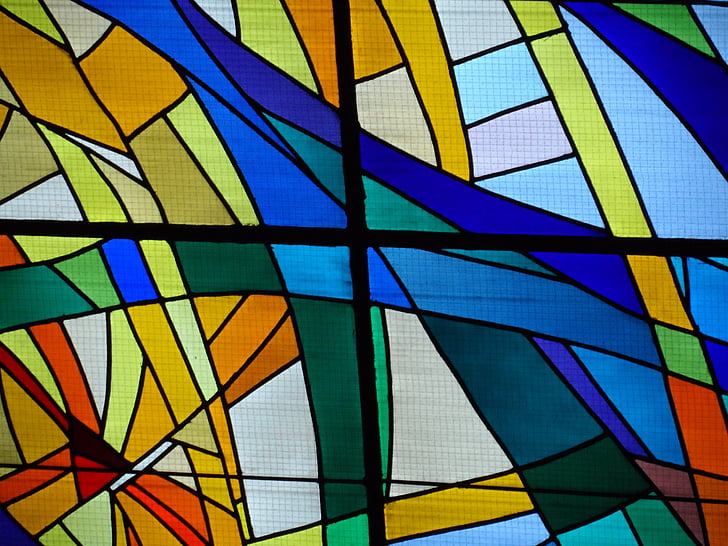 Glasraam, kerk, kleuren, abstract, blauw, patroon, multi gekleurd