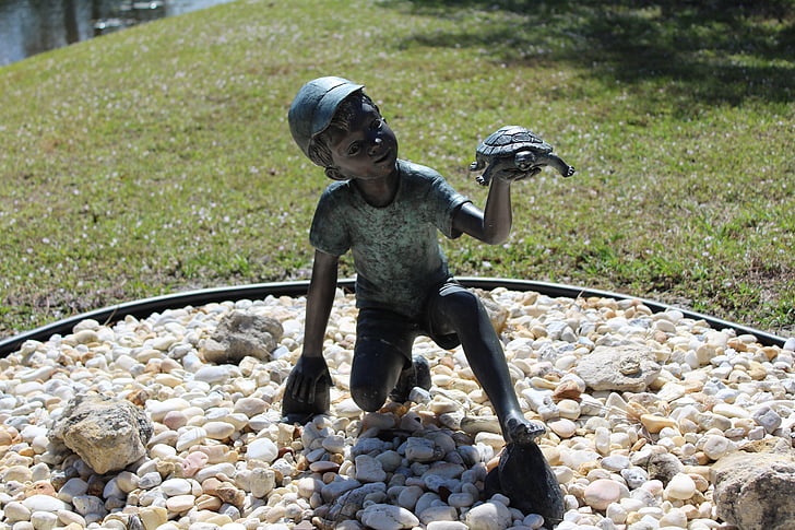 statue, boy, turtle, child, sculpture, outdoor, people