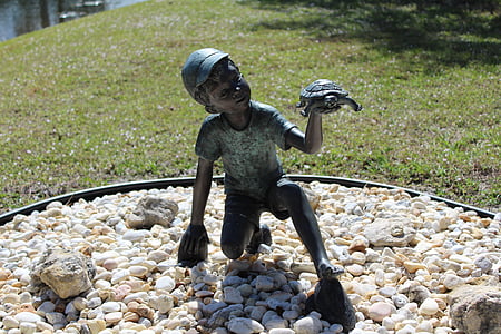 staty, Pojke, sköldpadda, barn, skulptur, Utomhus, personer