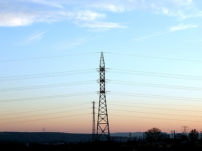 sunset, electricity, electrical tower, hv, turrets