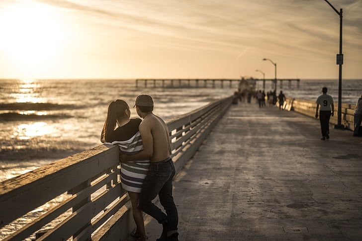par, forholdet, Pier, solnedgang, romantisk, sammen, kjærlighet