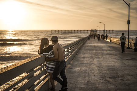 couple, relationship, pier, sunset, romantic, together, love