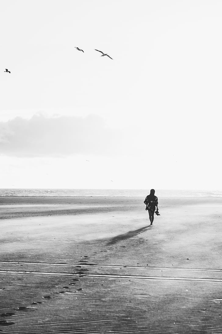 silhouette, person, walking, sands, black and white, people, girl