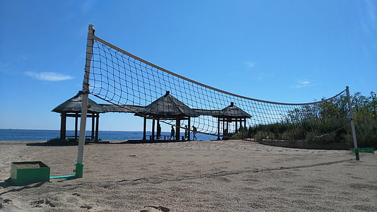 voleibol, xarxa, desocupat, platja, serenitat, cel blau, Mar