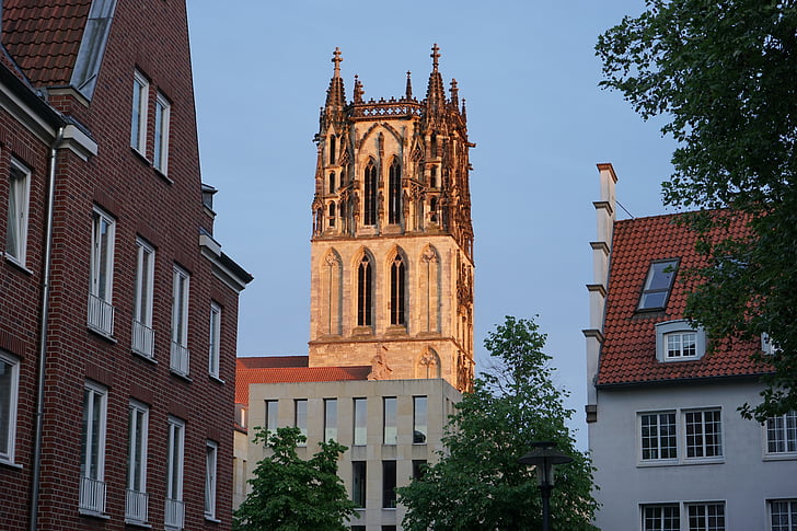 Steeple, Dom, crepuscle, Castell de Münster, edifici, arquitectura, l'església