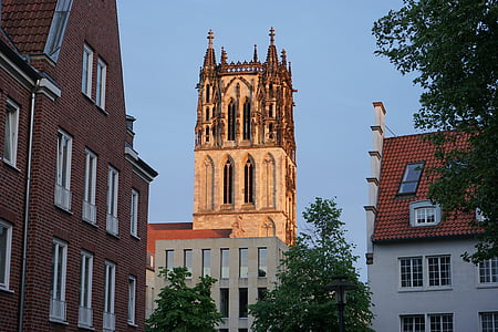 Steeple, dom, Twilight, Münster, budova, Architektúra, kostol