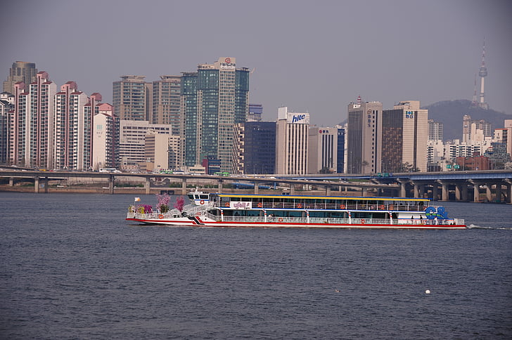 la rivière Han, bateau de plaisance, bâtiment, Appartements, Namsan, Namsan tower