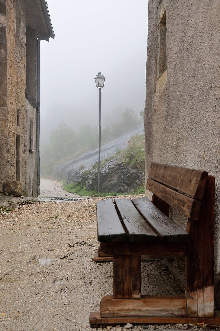 bench, glimpse, fog, solitude, mountain