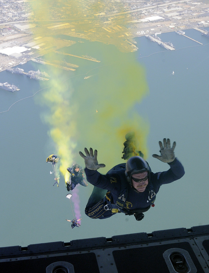 sky diver, parachute, jump, smoke, fall, parachuting, military