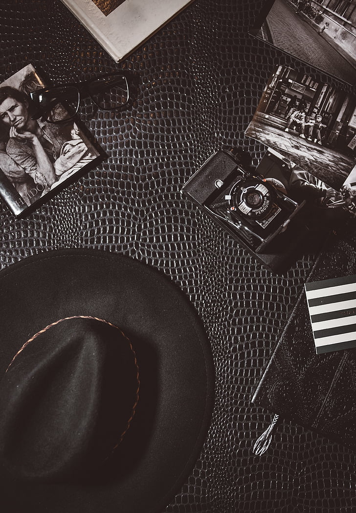black, vintage, camera, hat, lens, photography, cap