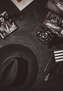 noir, Vintage, appareil photo, chapeau, objectif, photographie, Cap