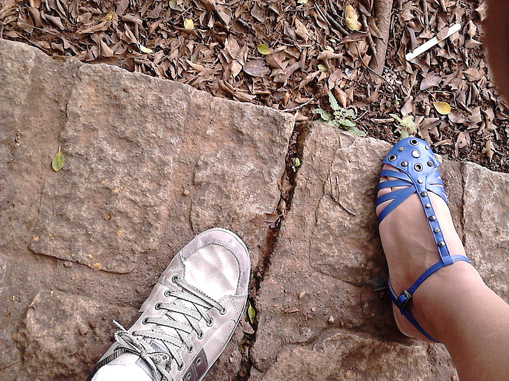 Čistenie, kameň, hnedá, modrá, noha, sandále, ľudské