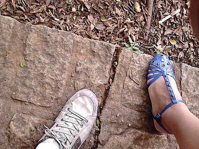 kenkä, kivi, ruskea, sininen, jalka, sandaalit, ihmisen