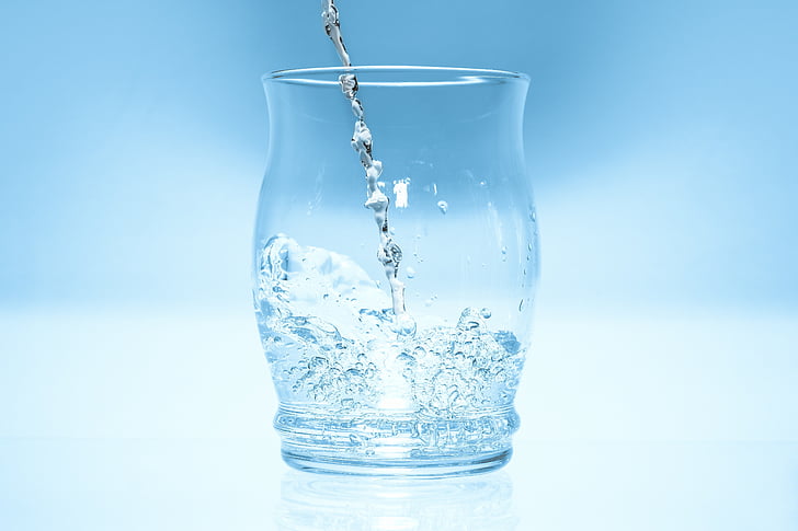 klaas, vee, kõrge hüpped tilgad, sinine, peegeldamine, gertränk, jook