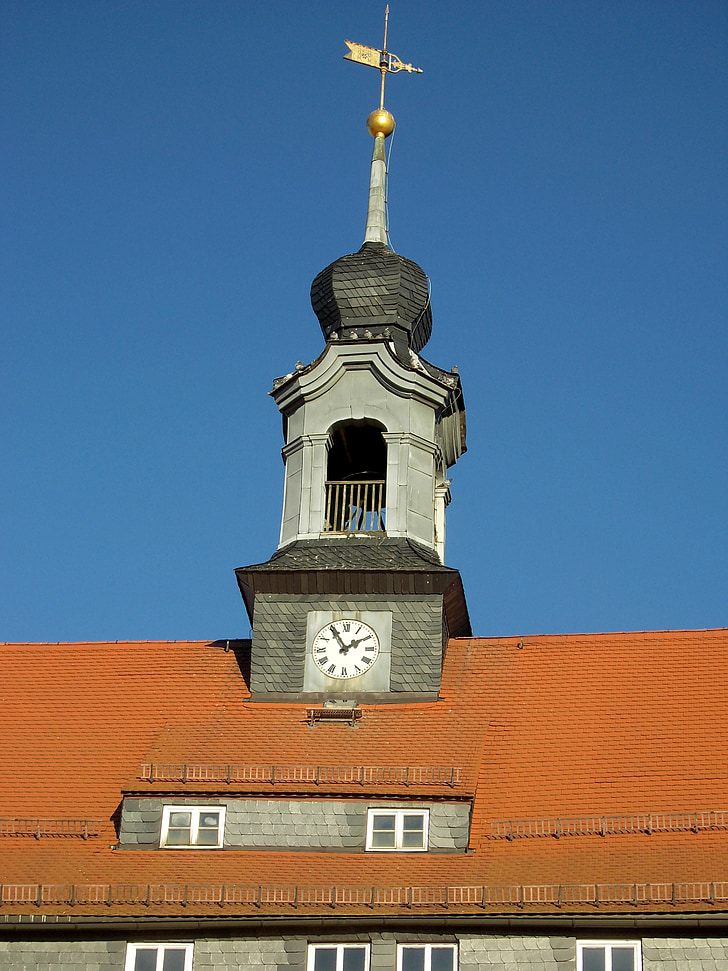 oederan, town hall, tower, architecture, clock, weather vane
