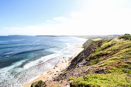 stranden, Cliff, dagsljus, gräs, hög vinkel skott, ön, landskap