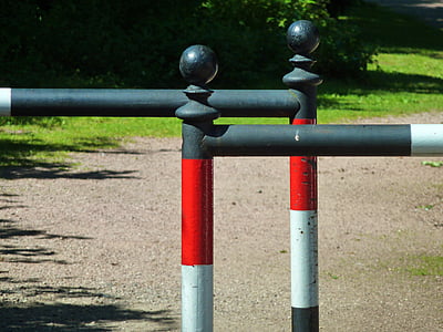 pedestrian railings, barrier, red white, away, rusty, fences, outdoors