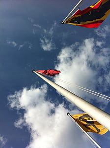 flags, flag poles, switzerland, bern, sky, clouds, high