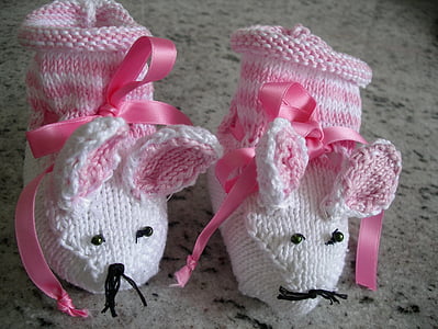 Babyskor, först född skor, sticka hemmagjord strumpor möss