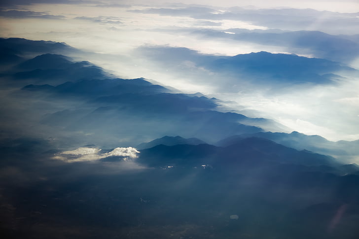 aerial, photograph, black, mountains, cloud, mountain, sky