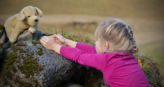 child, nature, girl, blond, teddy bear, favorite toy, outdoors