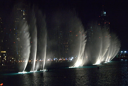 fountain, water, fountain city, decorative fountains, dubai, lights, architecture