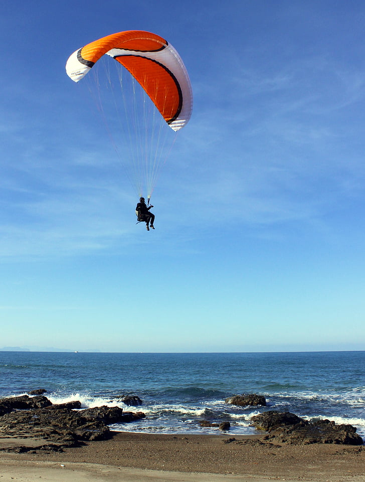 glider, paraglider, flying, paragliding, pilot, coast, blue