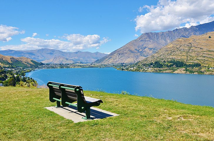 bench, lake, the scenery, water, mountain, nature, new zealand