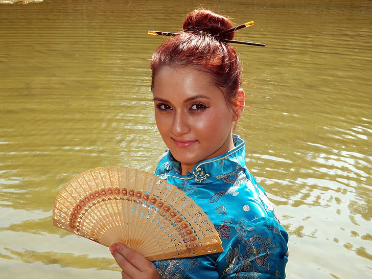 Trung Quốc, fan hâm mộ, kimono, nước, Làm đẹp, màu xanh