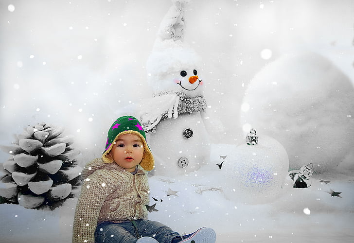 Snow man, kind, winter, koude, achtergrond, sneeuw, kinderen