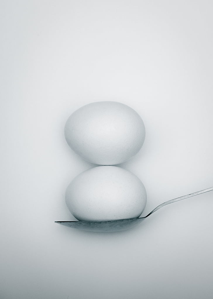 spoon, balancing, two, white, eggs, boiled, breakfast