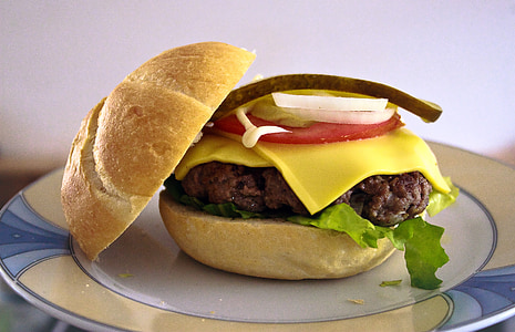 Burger, zsemle, Kaiser, hús, hamburger, sajt, paradicsom