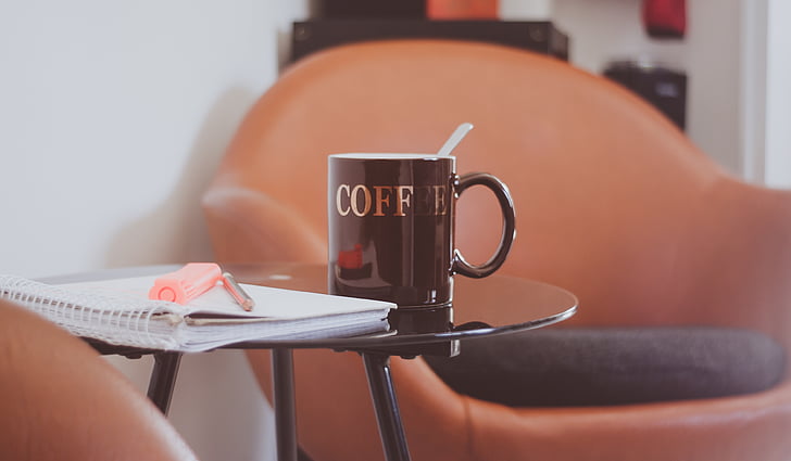 chair, coffee, cup, drink, highlighter, mug, paper