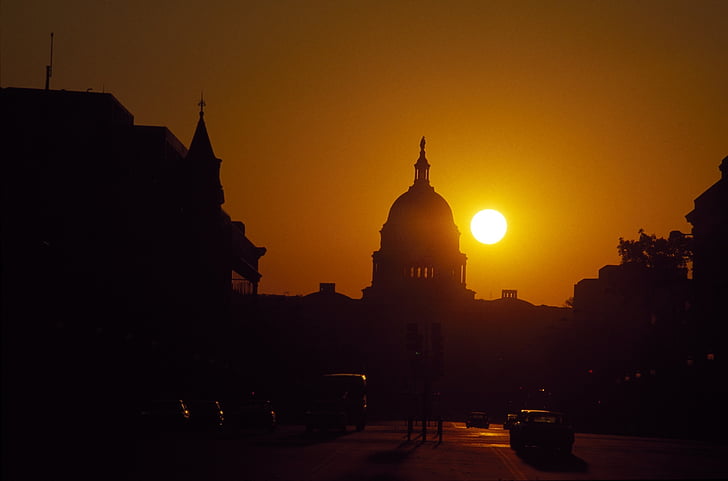 USA capitol bygningen, silhuett, Washington, USA, solnedgang, regjeringen, dome