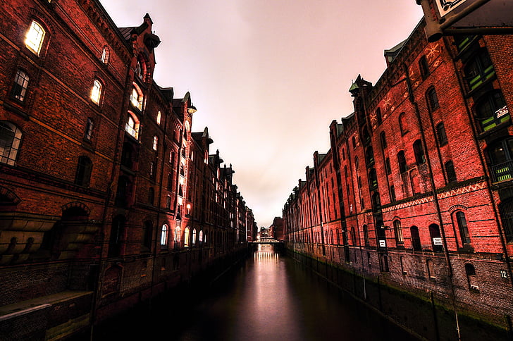 black, body, water, city, houses, daytime, canal