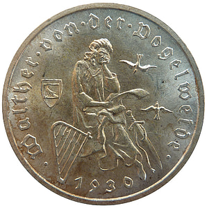 Reichsmark, Walther von der vogelweide, mündi, raha, mälestus, Weimari Vabariik, numismaatika