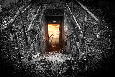 emergency exit, exit, escape route, web, abandoned, spooky, old