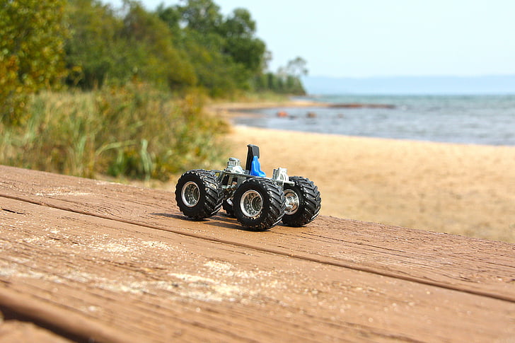 igračke, auto, jezero, priroda, model automobila, šarene, pijesak