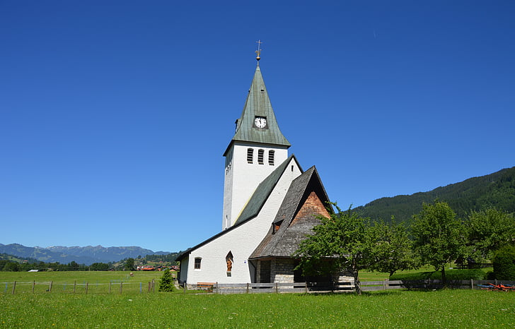 wedding, church, 5 to 12, sky, village, steeple, allgäu