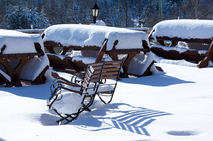 snow, shadow, chairs, dining tables, beer garden, winter, white