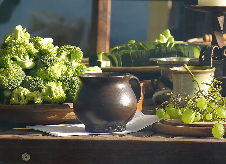 tabel, keramik, mad, Krug, broccoli, grøntsager, spise