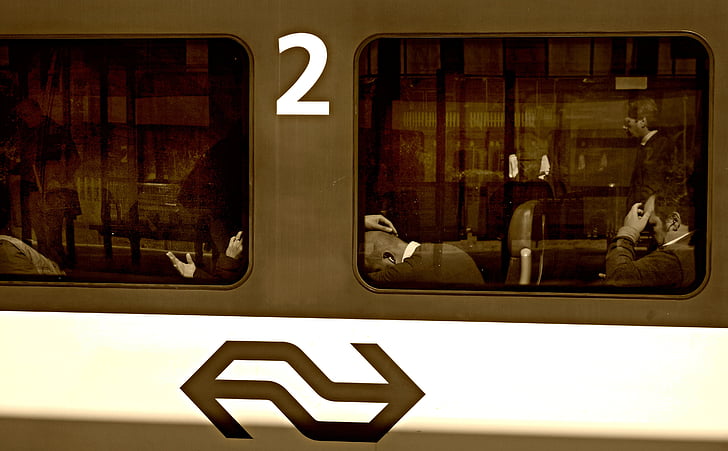 trein, spoorwegen, passagier, venster, trein venster, mensen, handen