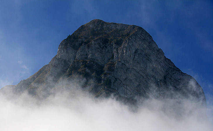 mountain, alpine, switzerland, clouds, sky, fog, landscape