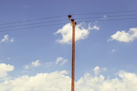 Pole, himmelen, skyer, ledninger, telefon, linje
